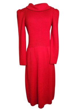 1970s St John Red Santana Knit Long Sleeve Vintage Dress